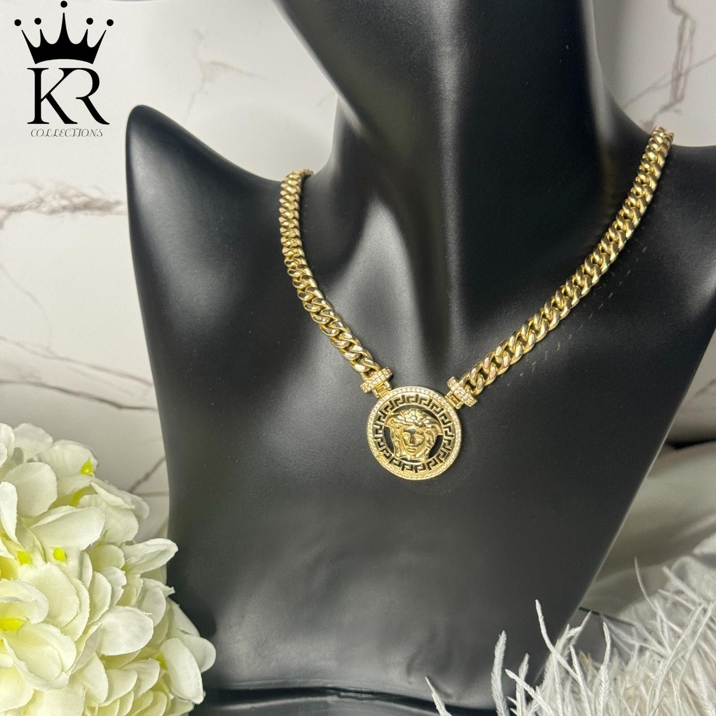 14K Solid Gold Medusa Pendant Cuban Chain – 16”