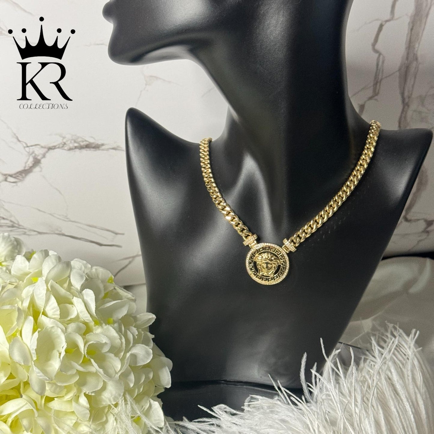 14K Solid Gold Medusa Pendant Cuban Chain – 16”