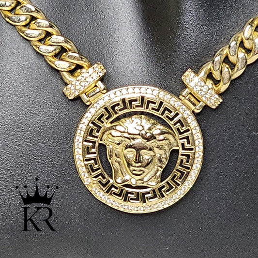 14K Solid Gold Medusa Pendant Cuban Chain – 16”