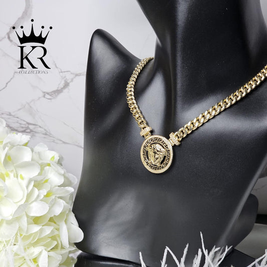 14K Solid Gold Medusa Pendant Cuban Chain – 16”